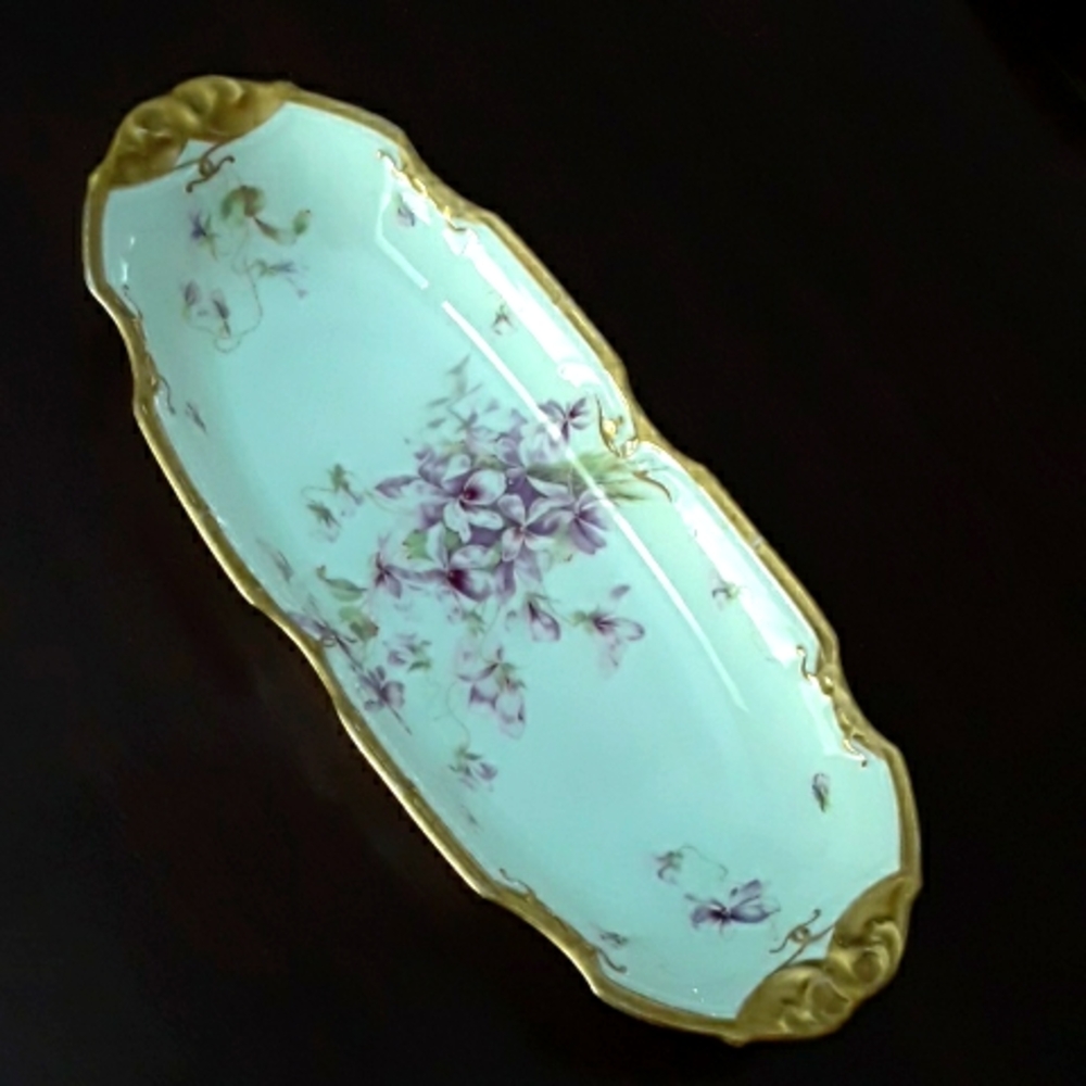 Coiffe et Cie Limoges Violets Floral Porcelain Serving Dish, Gilded Gold Trim